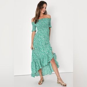 Fleur-tation Green Floral Print Off-the-Shoulder Midi Dress